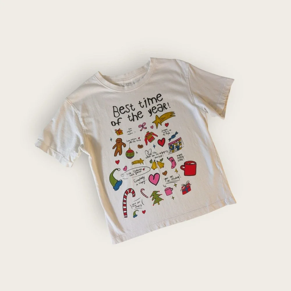 Zara Kids Christmas Graphic Tee White Best Time Of The Year Holiday Shirt 9-10Y